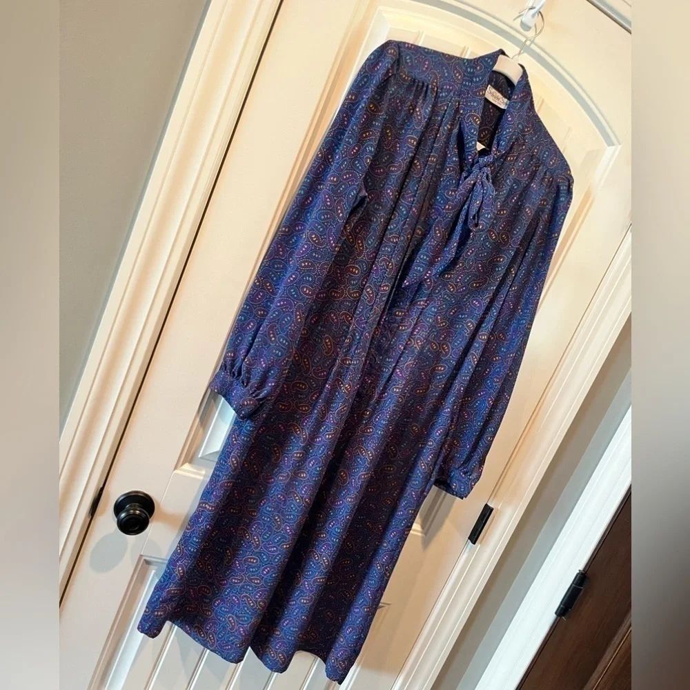 Vintage purple Paisley midi/maxi long sleeve button dress with tie sz L 12 boho